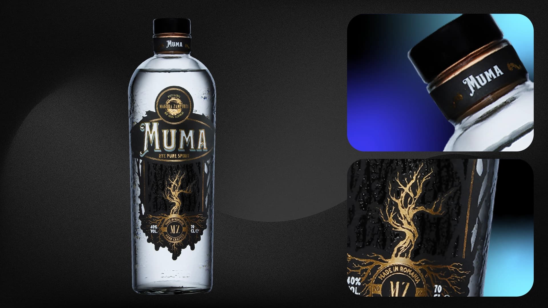 Muma Rye Spirit, etichetă cu foil, emboss și serigrafie, din portofoliul Flexo